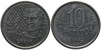 Бразилия 10 сентаво 1995 KM 633, Schon 142 нержавеющая сталь 4519-811