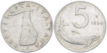 ИТАЛИЯ 5 ЛИР 1954 R, РУЛЬ, ДЕЛЬФИН KM 92 алюминий 24-1225