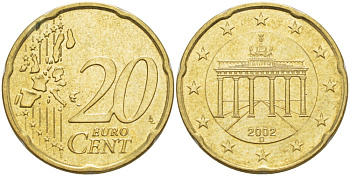 ГЕРМАНИЯ 20 ЕВРОЦЕНТОВ 2002 D KM 211 латунь 4543-517
