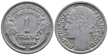 ФРАНЦИЯ 1 ФРАНК 1959 ТИП MORLON, LEGERE KM 885a.1, LE FRANC 221.23 алюминий 25-541