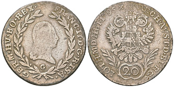 Австрия 20 крейцеров 1795 G, Франц II (1792-1835) KM 2139 серебро 202-932