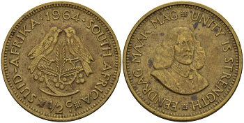 ЮАР 1/2 ЦЕНТА 1964 ЯН ВАН РИБЕК (1619-1677), ГОЛАНДСКИЙ ИССЛЕДОВАТЕЛЬ , МОРЕПЛАВАТЕЛЬ, ОСНОВАТЕЛЬ Г. КЕЙПТАУНА, ДВЕ ПТИЧКИ НА ВЕТКЕ С ЯГОДАМИ KM 56 латунь 67-242