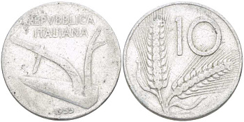 ИТАЛИЯ 10 ЛИР 1955 R, ПЛУГ, КОЛОСЬЯ KM 93 алюминий 175-355