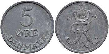 ДАНИЯ 5 ЭРЕ 1958 C; S, ФРЕДЕРИК IX (1947-1972) KM 843.2 цинк 47-813