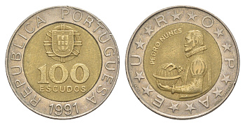 Португалия 100 эскудо 1991 Педру Нуниш (1502-1578), математик KM 645 биметалл 4388-832