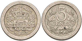 Нидерланды 5 центов 1908 Вильгельмина (1890-1948) KM 137 медно-никель 4576-766