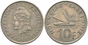 Французская Новая Каледония 10 франков 2011 рыбачья парусная лодка, (IEOM) KM 11a, Schoen 13a, Lec 99k медно-никель 65-116