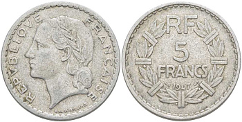 ФРАНЦИЯ 5 ФРАНКОВ 1947 ТИП LAVRILLIER, OPEN 9 KM 888b.1, LE FRANC 339.9 алюминий 215-526