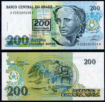 Бразилия 200 крузейро 1990 надпечатка на 200 крузадо новых, серия 2591, скульптура Республики, подпись 27 Pick 225 b бумага UNC (пресс) 2196-36-3-1