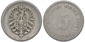 ГЕРМАНИЯ 5 ПФЕННИГОВ 1875 E, СТАРОГЕРБОВКА KM 3, J.3 медно-никель 45-447