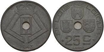 Бельгия 25 сантимов 1943 Belgie - Belgique, Леопольд III (1934-1947), германская оккупация, Вторая мировая война KM 132 цинк 4157-543