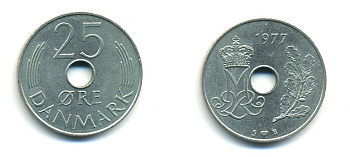 ДАНИЯ 25 ЭРЕ 1977 S; B, МАРГРЕТЕ II (1972-) KM 861.1 медно-никель UNC 80-346