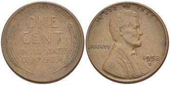 США 1 ЦЕНТ 1958 D, ЛИНКОЛЬН KM А132 медь цинк 3309-1224