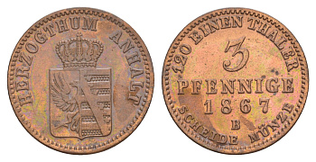 Ангальт-Бернбург 3 пфеннига 1867 B, Леопольд IV (1863-1871) KM 98, AKS 33, J. 68 медь 1525-1144