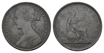 Великобритания 1 пенни 1861 Виктория (1837-1901) KM 749.2, Spink 3954 бронза 4661-331
