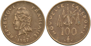 Французская Новая Каледония 100 франков 1987 хижина среди сосен и пальм, (IEOM) KM 15, Schoen 16, Lec 135 никель бронза 88-514