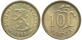 ФИНЛЯНДИЯ 10 ПЕННИ 1980 K KM 46 алюминиевая бронза 3334-1137