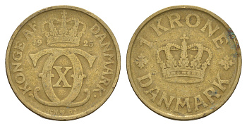 Дания 1 крона 1925 HCN, Кристиан X (1912-1947) KM 824 алюминиевая бронза 4657-321