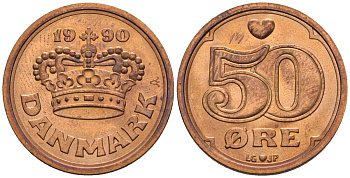 Дания 50 эре 1990 LG;JP, Маргрете II (1972-) KM 866.2, Schoen 85 бронза UNC 4513-155