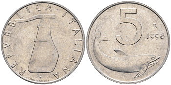 Италия 5 лир 1998 R, дельфин KM 92 алюминий  UNC  4594-726