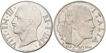 ИТАЛИЯ 20 ЧЕНТЕЗИМО 1941 R, ГОД XIX, ВИКТОР ЭММАНУИЛ III (1900-1946) KM 75b, VEM3. 1028 нержавеющая сталь 3853-712