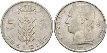 БЕЛЬГИЯ 5 ФРАНКОВ 1969 BELGIE, БОДУЭН I (1951-1993) KM 135.1 медно-никель 119-817