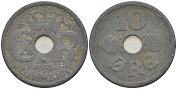 ДАНИЯ 10 ЭРЕ 1943 N ; GJ, КРИСТИАН X (1912-1947) KM 822.2а цинк 4383-146