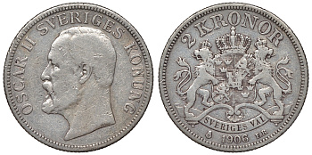 Швеция 2 кроны 1906 EB, Оскар II (1872-1907) король Швеции KM 773 серебро 4117-714