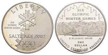 США 1 доллар 2002 P, XIX зимние Олимпийские Игры, Солт-Лейк-Сити 2002, в оригинальной коробке, сертификат KM 336 серебро  PROOF  3-6-5-19