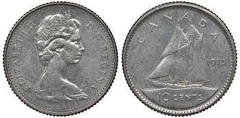 Канада 10 центов 1975 Елизавета II (1952-2022), парусник KM 77.1 никель 4124-516