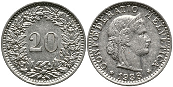 ШВЕЙЦАРИЯ 20 РАППЕНОВ 1938 В KM 29 никель 4539-541