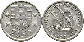 Португалия 2,5 эскудо 1984 парусник KM 590 медно-никель 4387-128