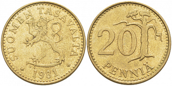 ФИНЛЯНДИЯ 20 ПЕННИ 1981 K KM 47 алюминиевая бронза 3718-656