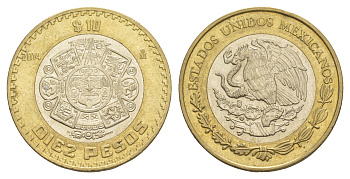 Мексика 10 песо 2014 Мо, бог Тонатиуха с огненной маской KM 616 биметалл aUNC 4637-732