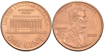 США 1 ЦЕНТ 2000 ЛИНКОЛЬН KM 201b цинк плакированный медью 188-345