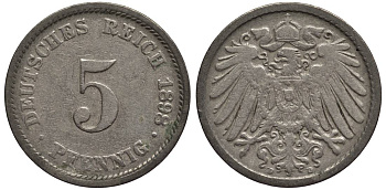 ГЕРМАНИЯ 5 ПФЕННИГОВ 1898 D KM 11, Jager 12, Weege 6 медно-никель 4547-357