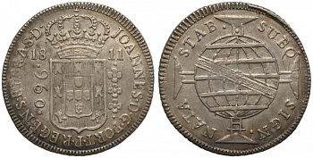 Бразилия 960 рейс 1811 В, монетный двор Бахия (Bahia), перечекан, патина, Жоао принц-регент (1799-1818) KM 307.1 серебро 00-815-11