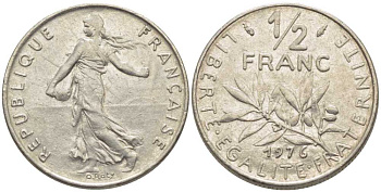 ФРАНЦИЯ 1/2 ФРАНКА 1976 СЕЯТЕЛЬ KM 931.1, LE FRANC 198.15 никель 175-951