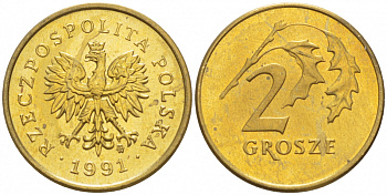 ПОЛЬША 2 ГРОША 1991 MW KM 277 латунь UNC 4528-921