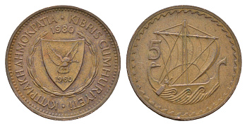 Кипр 5 милей 1980 KM 39 бронза 4678-937