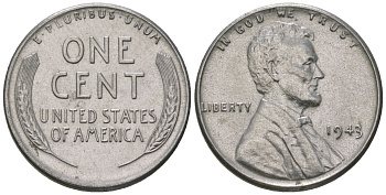 США 1 цент 1943 Авраам Линкольн KM 132 a сталь покрытая цинком aUNC 112-1154
