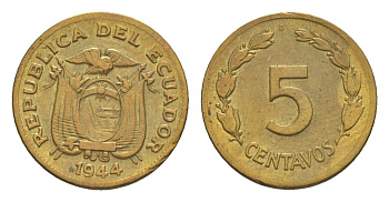 Эквадор 5 сентаво 1944 D KM 75a латунь 1528-1345