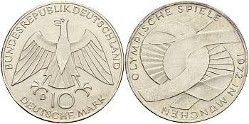 ФРГ 10 марок 1972 D, XX летние Олимпийские игры 1972 года в Мюнхене, символика J. 402, KM 131 серебро UNC 00-00