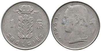 БЕЛЬГИЯ 1 ФРАНК 1963 BELGIE KM 143.1 медно-никель 4381-425