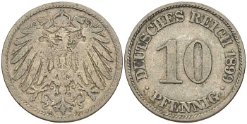 ГЕРМАНИЯ 10 ПФЕННИГОВ 1899 A KM 12, J. 13 медно-никель 4401-1114
