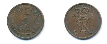 ДАНИЯ 5 ЭРЕ 1970 C; S, ФРЕДЕРИК IX (1947-1972) KM 848.1 бронза 23-245