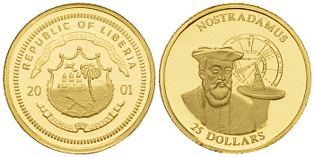 Либерия 25 долларов 2001 Нострадамус золото PROOF 00-819-67