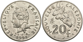 Французская Новая Каледония 20 франков 1991 три быка, (IEOM) KM 12, Schoen 14, Lec 114 никель 81-225