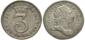 Великобритания 3 пенса 1762 Георг III (1760-1820) KM 591, Spink 3753 серебро 1524-231