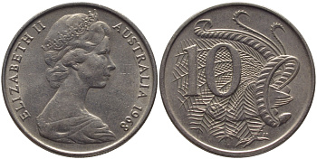 Австралия 10 центов 1968 Елизавета II (1952-), птица лирахвост KM 65 медно-никель 3334-717